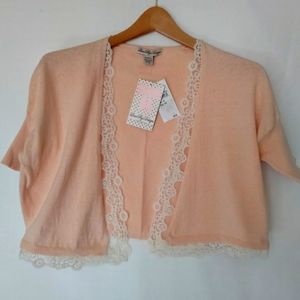 NWT Nordstrom Love By Design Women's Shrug Knit with Lace Peach & Ivory
